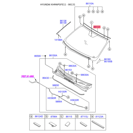Молдинг (уплотнитель) лобового стекла верхний 86130-3S000 Mobis - 861303S000 - схема с каталога 86131, KHMAPGFE11 861303S000