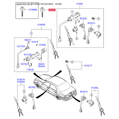 Ключ (вставка) двери в брелок 81998-38010 Mobis - 8199838010 - схема с каталога 81998, RUS381PA02 8199838010