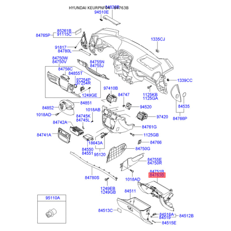 Кронштейн панелі приладів (торпеди) правий 84540-3K300QS Mobis - 845403K300QS - схема з каталогу 84763B, KEURPNF04 845403K300QS