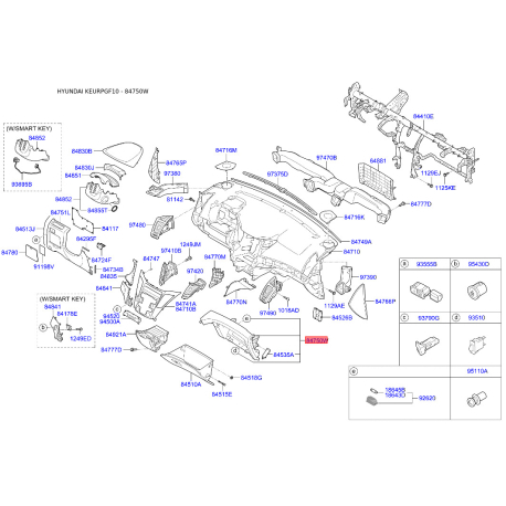 Накладка панели прибров (торпеды) правая 84540-3S200RY Mobis - 845403S200RY - схема с каталога 84750W, KEURPGF10 845403S200RY