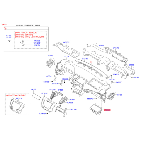 Подушка безопасности пассажирская на переднюю панель 84530-3K100 Mobis - 845303K100 - схема с каталога 84530, KEURPNF08 845303K100
