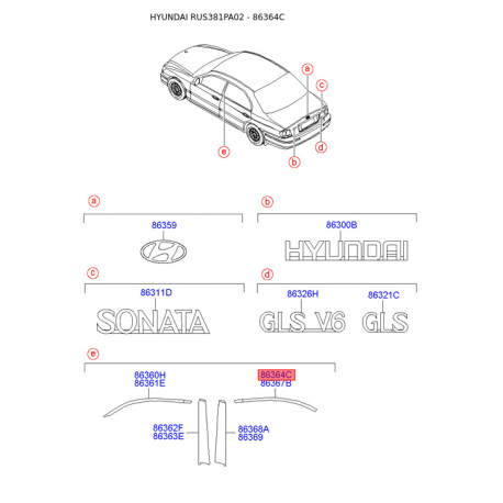 Облицовка / защитная накладка, боковое стекло левая 86364-38001 Mobis - 8636438001 - схема с каталога 86364C, RUS381PA02 8636438001