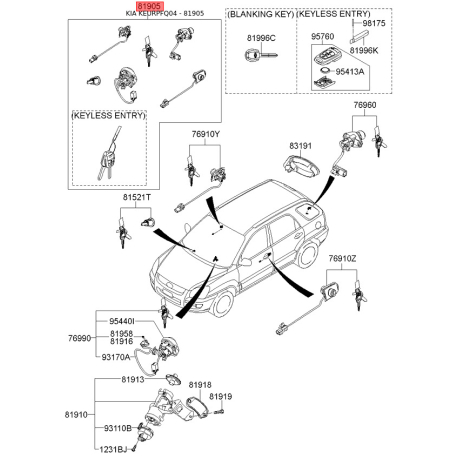 Замок (циліндр) запалювання з ключами 81905-1F174 Mobis - 819051F174 - схема з каталогу 81905, KEURPFQ04 819051F174