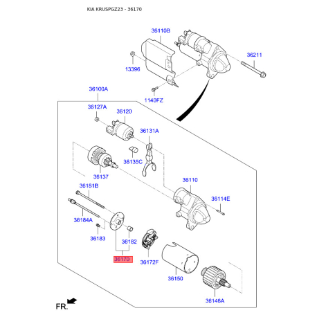 Угольная щетка, стартер задний 36180-2E500 Mobis - 361802E500 - схема с каталога 36170, KRUSPGZ23 361802E500