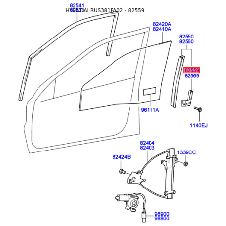 Направляющая стекла двери задняя левая нижняя 82559-38000 Mobis - 8255938000 - схема с каталога 82559, RUS381PA02 8255938000