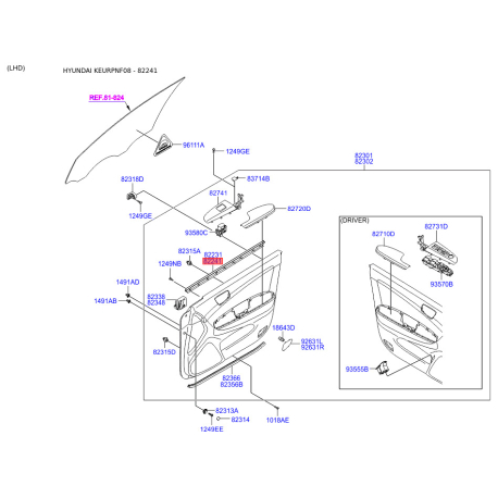 Ущільнення дверей праве 82241-3K000 Mobis - 822413K000 - схема з каталогу 82241, KEURPNF08 822413K000