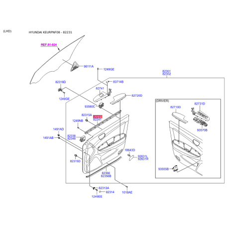 Ущільнення дверей ліве 82231-3K000 Mobis - 822313K000 - схема з каталогу 82231, KEURPNF08 822313K000