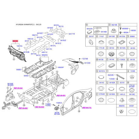 Шумоизоляция (виброизоляция) моторного отсека 84120-3S201 Mobis - 841203S201 - схема с каталога 84120, KHMAPGFE11 841203S201