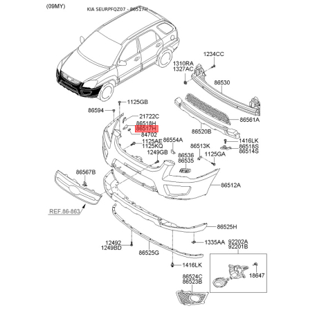 Кронштейн, буфер лівий верхній 86517-0Z000 Mobis - 865170Z000 - схема з каталогу 86517H, SEURPFQZ07 865170Z000