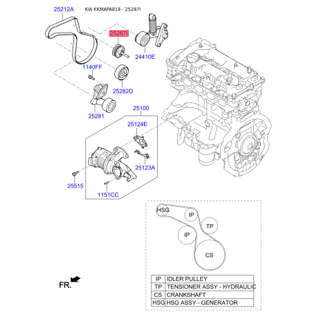 Ролик паразитный (ведущий) поликлинового ремня 25287-2E650 Mobis - 252872E650 - схема с каталога 25287I, KKMAPA818 252872E650