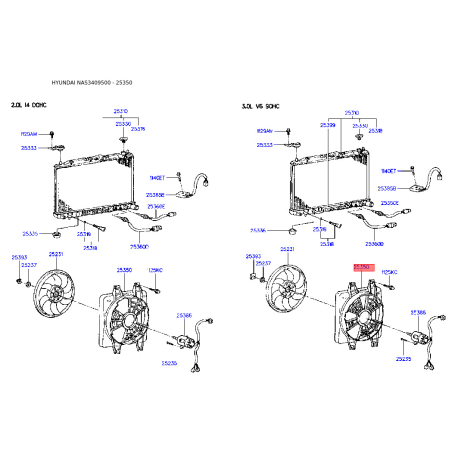 Вентилятор радиатора охлаждения 25350-34010 Mobis - 2535034010 - схема с каталога 25350, NAS3409500 2535034010