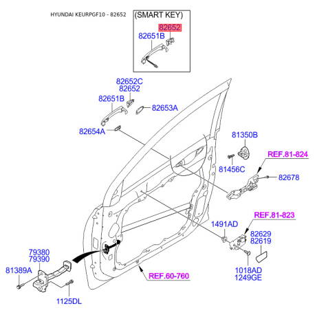 Система управления ручки двери 82652-3S000 Mobis - 826523S000 - схема с каталога 82652, KEURPGF10 826523S000