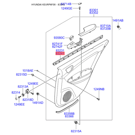 Ущільнювач (прокладка), бічне скло правий 83241-3K000 Mobis - 832413K000 - схема з каталогу 83241, KEURPNF08 832413K000