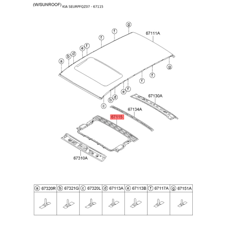 Каркас даху 67115-1F000 Mobis - 671151F000 - схема з каталогу 67115, SEURPFQZ07 671151F000
