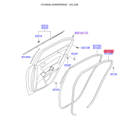 Ущільнення дверей ліве 83110-3K000QD Mobis - 831103K000QD - схема з каталогу 83110B, AHMAPNFA04 831103K000QD