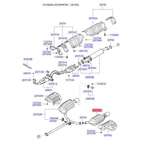 Глушитель выхлопных газов конечный левый 28700-3K850 Mobis - 287003K850 - схема с каталога 28700L, KEURPNF08 287003K850