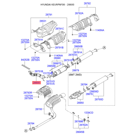 Глушитель выхлопных газов средний передний 28610-3K810 Mobis - 286103K810 - схема с каталога 28600, KEURPNF08 286103K810