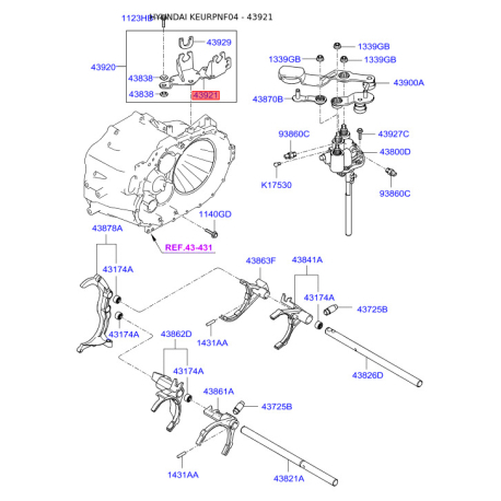 Кронштейн троса КПП 43921-24321 Mobis - 4392124321 - схема с каталога 43921, KEURPNF04 4392124321