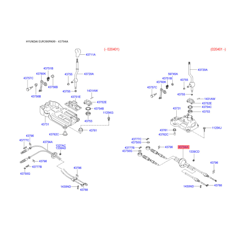 Трос, управление сцеплением 43794-38300 Mobis - 4379438300 - схема с каталога 43794A, EUR390PA99 4379438300