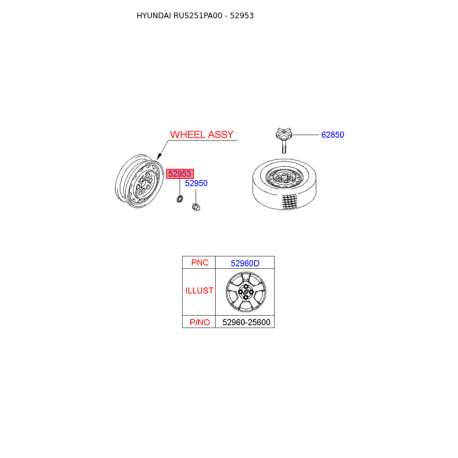 Датчик тиску повітря в шинах 52953-24000 Mobis - 5295324000 - схема з каталогу 52953, RUS251PA00 5295324000