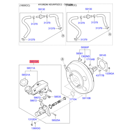 Цилиндр тормозной главный 58510-3X200 Mobis - 585103X200 - схема с каталога 58510A, KEURPSD11 585103X200
