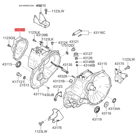 Фланцевая крышка, ступенчатая коробка передач задняя 43140-28010 Mobis - 4314028010 - схема с каталога 43140, KKMAPLS06 4314028010