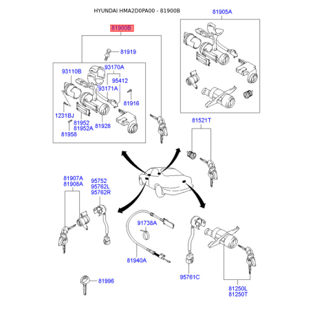 Замок (циліндр) запалювання з ключами 81900-2DA20 Mobis - 819002DA20 - схема з каталогу 81900B, HMA2D0PA00 819002DA20