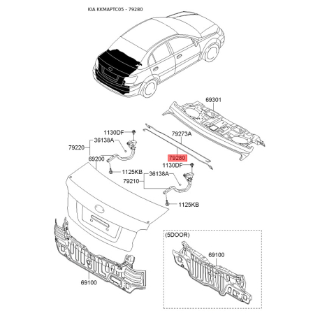 Торсіон (пружина) кришки багажника (задніх дверей) правий 79283-1G000 Mobis - 792831G000 - схема з каталогу 79280, KKMAPTC05 792831G000