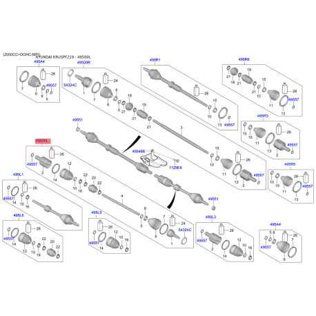 Полуось (приводной вал) левая 49500-F2020 Mobis - 49500F2020 - схема с каталога 49500L, KRUSPF219 49500F2020