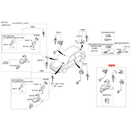 Замок, замок-вимикач 81905-1G193 Mobis - 819051G193 - схема з каталогу 81901C, KEURPTC05 819051G193