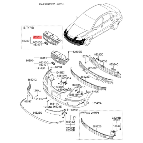 Решітка радіатора 86361-1G071 Mobis - 863611G071 - схема з каталогу 86351, KKMAPTC05 863611G071