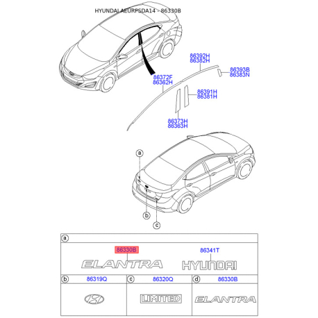 Емблема задніх та боковой дверей, капота 86315-3X100 Mobis - 863153X100 - схема з каталогу 86330B, AEURPSDA14 863153X100