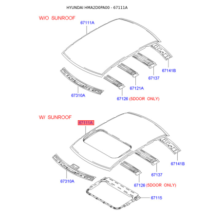 Крыша (часть кузова, панель) 67111-2D000 Mobis - 671112D000 - схема с каталога 67111A, HMA2D0PA00 671112D000