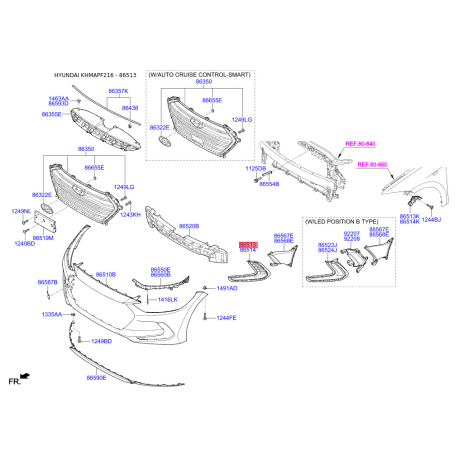 Заглушка бампера левая 86563-F2000 Mobis - 86563F2000 - схема с каталога 86513, KHMAPF216 86563F2000