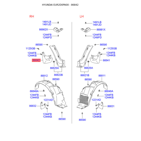 Брызговик задний правый 86842-2D000 Mobis - 868422D000 - схема с каталога 86842, EUR2D0PA00 868422D000