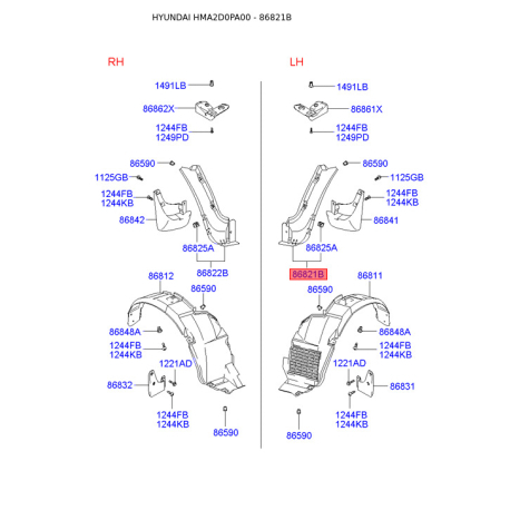 Обшивка (подкрылок), колесная ниша левая 86821-2D200 Mobis - 868212D200 - схема с каталога 86821B, HMA2D0PA00 868212D200