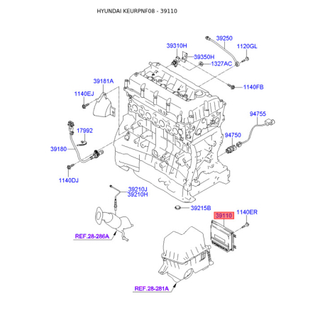 Блок управления, впрыскивание топлива 39110-3C727 Mobis - 391103C727 - схема с каталога 39110, KEURPNF08 391103C727
