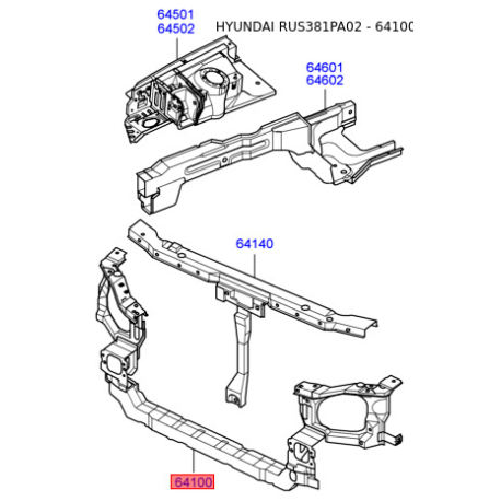 Облицювання передка (морда) 64100-3D100 Mobis - 641003D100 - схема з каталогу 64100, RUS381PA02 641003D100