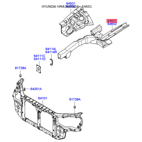 Лонжерон левый 64601-3K100 Mobis - 646013K100 - схема с каталога 64601, HMA3K0PA04 646013K100