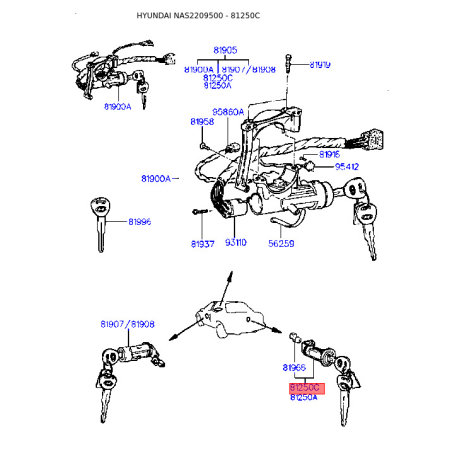 Замок задніх дверей 81250-22A00 Mobis - 8125022A00 - схема з каталогу 81250C, NAS2209500 8125022A00