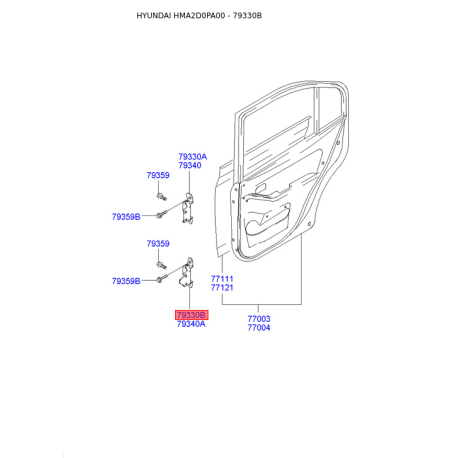 Петля боковой двери левая нижняя 79430-2D000 Mobis - 794302D000 - схема с каталога 79330B, HMA2D0PA00 794302D000