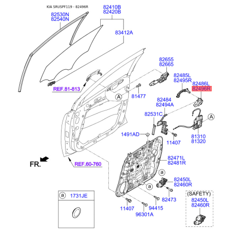 Засувка ручки дверей права 82496-D9000 Mobis - 82496D9000 - схема з каталогу 82496R, SRUSPF119 82496D9000