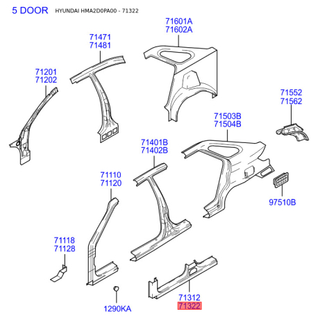 Поріг підлоги (кузов) правий 71322-2DA11 Mobis - 713222DA11 - схема з каталогу 71322, HMA2D0PA00 713222DA11