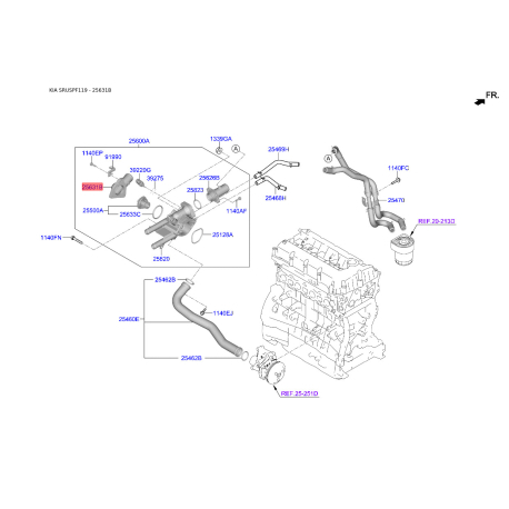 Корпус термостата 25631-2E500 Mobis - 256312E500 - схема с каталога 25631B, SRUSPF119 256312E500