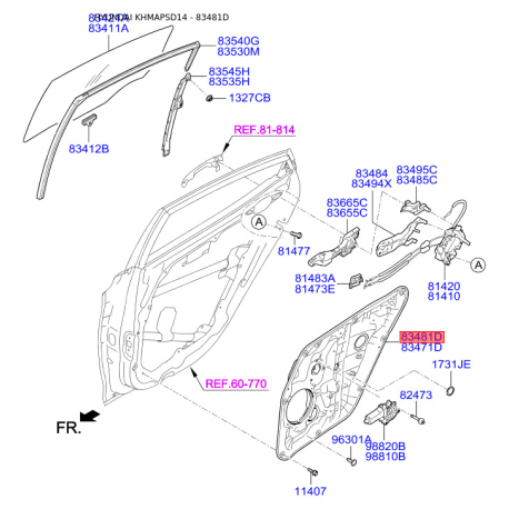 Подъемное устройство для окон правое 83481-3X000 Mobis - 834813X000 - схема с каталога 83481D, KHMAPSD14 834813X000