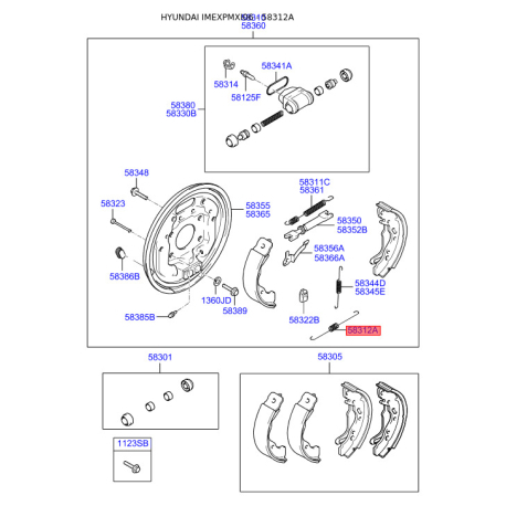 Пружина стяжна нижня колодок стоянкового гальма 58312-24000 Mobis - 5831224000 - схема з каталогу 58312A, IMEXPMXI06 5831224000