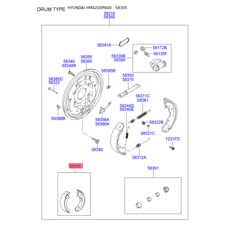 Колодки гальмівні комплект 58305-2DA10 Mobis - 583052DA10 - схема з каталогу 58305, HMA2D0PA00 583052DA10