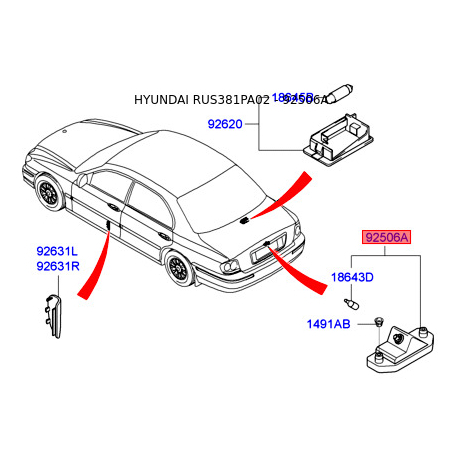 Фонарь освещения номерного знака 92501-3D000 Mobis - 925013D000 - схема с каталога 92506A, RUS381PA02 925013D000