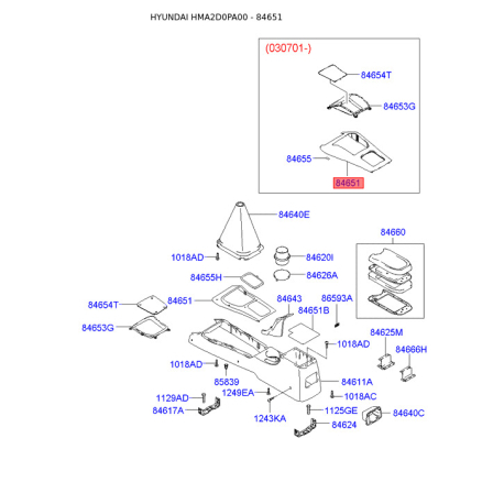 Центральна консоль комплектуючи верхня 84651-2D600AX Mobis - 846512D600AX - схема з каталогу 84651, HMA2D0PA00 846512D600AX