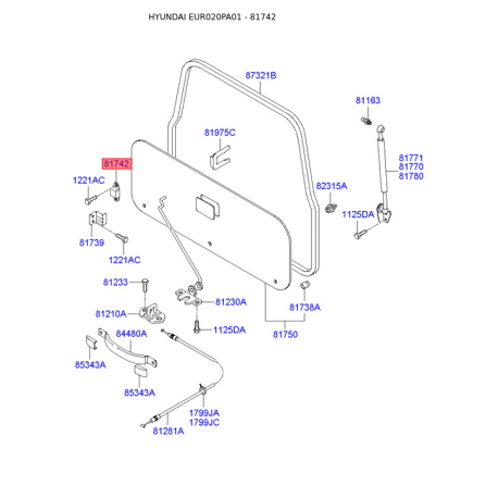 Упор капота і його кріплення 81738-22200 Mobis - 8173822200 - схема з каталогу 81742, EUR020PA01 8173822200